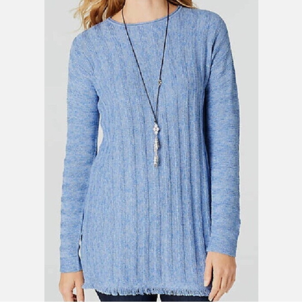 J. Jill Sweater Tunic Fringe-Trimmed Blue Size 2X Back Buttons Boat Neck